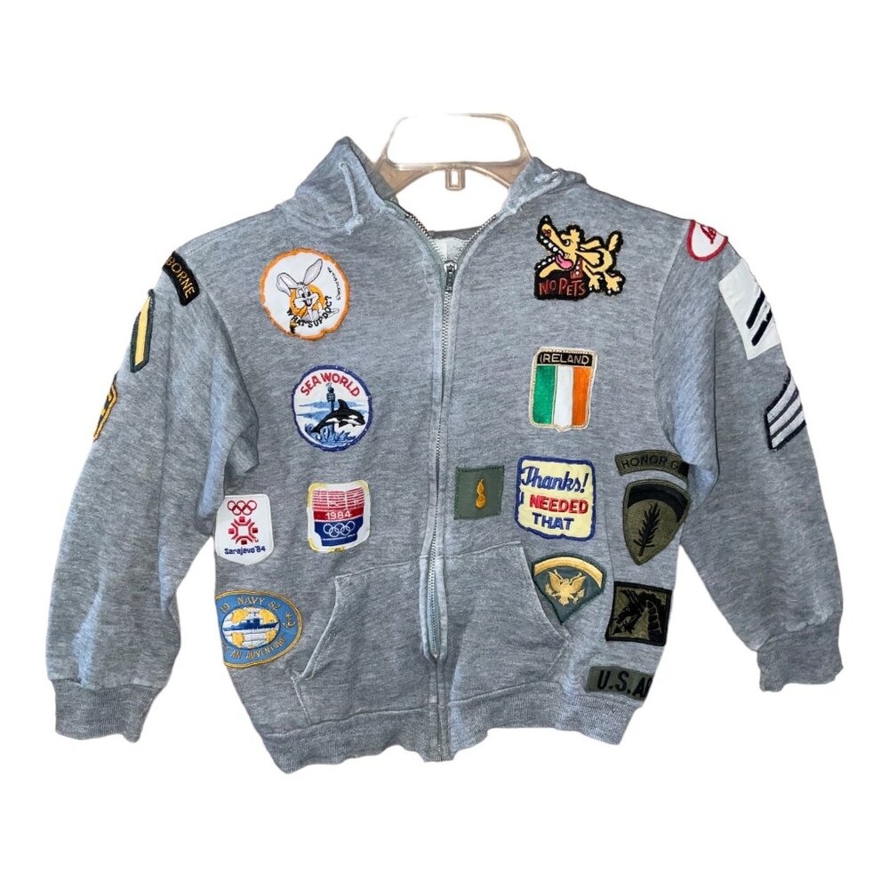 Vintage Gray Hoodie With Sewn-On Collectible Patches